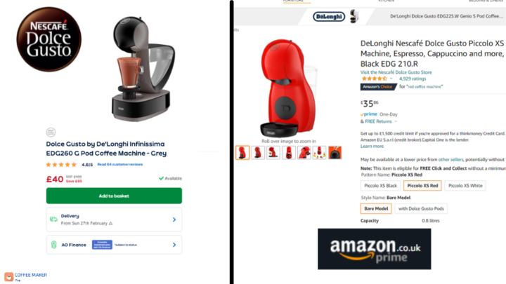 Price comparison between Dolce Gusto and Amazon