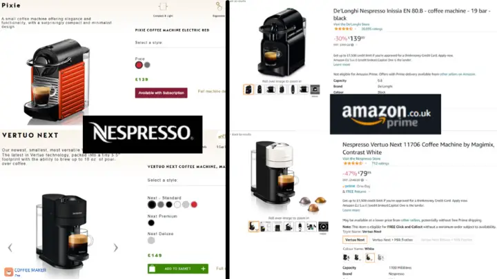 Price comparison between Nespresso and Amazon